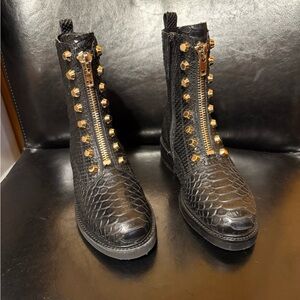 Jeffrey Campbell Tonette black snake-embossed combat boots with gold studs SZ 5